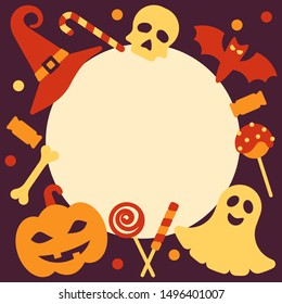 round card template with halloween accessories and place for your text. flat style vector illustration