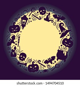 Round card template with halloween decor in doodle style. There is place for your text