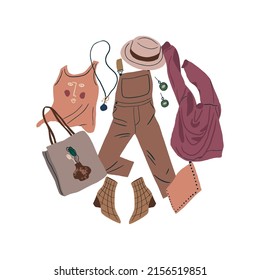 Tarjeta redonda con moderna colección de ropa de mujer. Prendas y accesorios femeninos caseros. Abrigo, saltador, camisa, zapatos, pantalones, bolsa, zapatos volando. Ilustración vectorial plana coloreada aislada