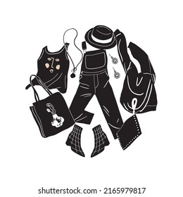 Tarjeta redonda con moderna colección de ropa de mujer. Prendas y accesorios femeninos caseros. Abrigo, saltador, camisa, zapatos, pantalones, bolsa, zapatos volando. Ilustración vectorial plana en blanco y negro 