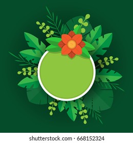 Round Card With Tropical Elements. Flat Design. Leaves Flower.
