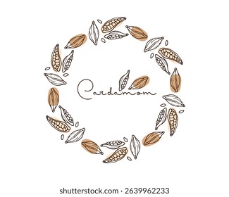Round Cardamom Frame, Wreath. Doodle Cardamom vector illustration with inscription. Seasoning for food, drinks. Organic product sketch for packaging, sale, shop sign. Flavor cooking ingredient.