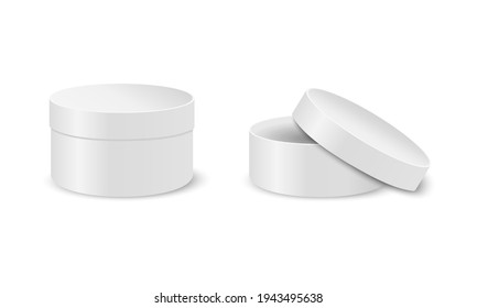 Cajones redondos de cartón en broma. Paquetes de cilindros blancos cerrados y abiertos aislados sobre fondo blanco. Contenedores para regalo, cosméticos, galletas. Ilustración vectorial realista.