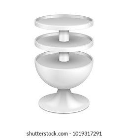 Round Cardboard Floor Display Rack For Supermarket Blank Empty With Shelves. Illustration Isolated On White Background. Ready For Your Design. Product Advertising. Vector EPS10