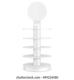 Round Cardboard Floor Display Rack For Supermarket Blank Empty With Shelves. Mock Up, Template. Illustration Isolated On White Background. Ready For Your Design. Product Advertising. Vector.