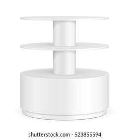 Round Cardboard Floor Display Rack For Supermarket Blank Empty Displays With Shelves On White Background Isolated. Ready For Your Design. Product Advertising. Vector EPS10