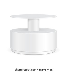 Round Cardboard Floor Display Rack For Supermarket Blank Empty With Shelves. Illustration Isolated On White Background. Ready For Your Design. Product Advertising. Vector EPS10