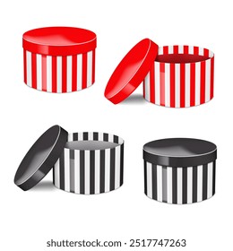 Round cardboard gift box with separate lift-off lid. Red, black and white striped design. Realistic vector illustration. Cylinder carton two-piece box isolated. Easy editable template