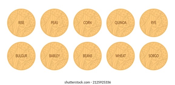 Round cardboard labels for cereals. Food stickers with oriental ornaments. Cereals with different names. For labeling kitchen containers and jars. Vector set isolated on white background