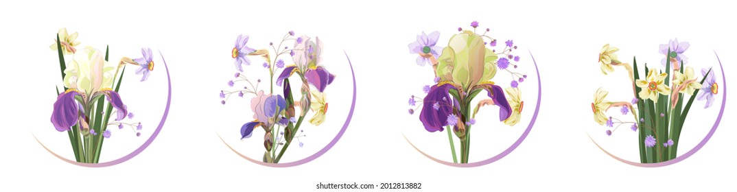 Round cards with irises, daffodils (narcissus): blue, purple flowers, gypsophile twig, white background. Templates for design, vintage botanical illustration in watercolor style, vector