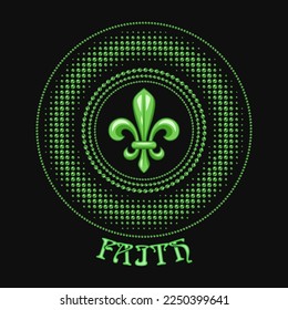 Round carnival Mardi Gras green colored label meaning faith. Beads, fleur de lis symbol, text. Halftone style. For prints, clothing, apparel, t shirt, surface design. Vintage style