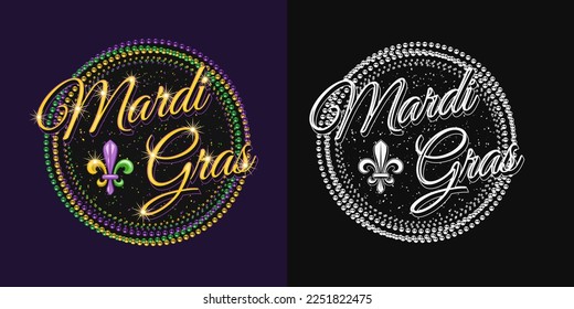 Round carnival Mardi Gras pattern with intertwined strands of beads, fleur de lis symbol, text. Black and white version. For prints, clothing, plate, apparel, t shirt, surface design