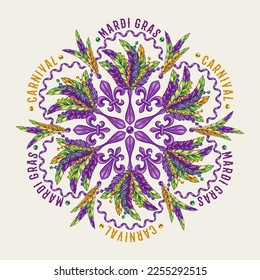 Round carnival Mardi Gras pattern like mandala with fleur de lis symbol, streamer, ribbons, feathers, beads, text. White background For prints, clothing, t shirt, plate, surface design. Vintage style