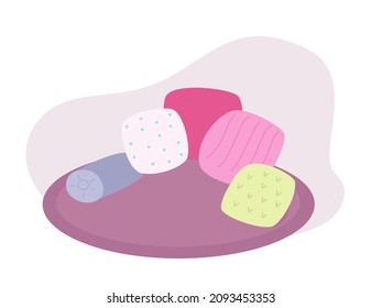 Round carpet with colorful pillows vector illustration. Cartoon comfortable decoration of kids cute room interior, blanket on playroom floor for indoor games of boys or girls isolated on white