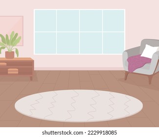 Round carpet in empty living room flat color vector illustration. Home decor idea. Minimalistic residence for rent. Fully editable 2D simple cartoon interior with window on background