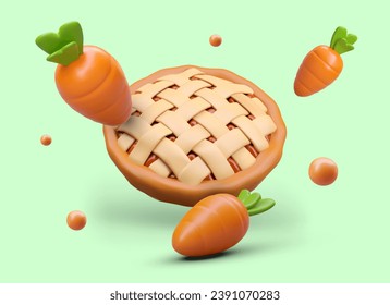 Round carrot pie with lattice. 3D composition in cartoon style. Banner for bakery, cafe. Seasonal baking. Traditional autumn cake. Vegetable dish, vegetarian concept