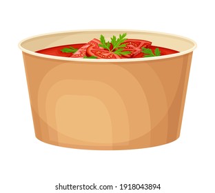 Round Carton Or Cardboard Eco Package With Tomato Soup Inside Vector Illustration