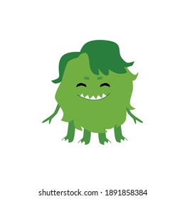 Round cartoon baby monster smiling with sharp teeth isolated on white background. Funny green cabbage creature with many legs - flat vector illustration.