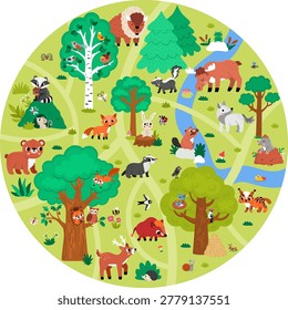 Round cartoon forest map with animals. Nature woodland landscape with trees, plants, birds, insects, bear, fox, elk, bison. Wildlife background scene with stream, beaver, raccoon for nursery carpet

