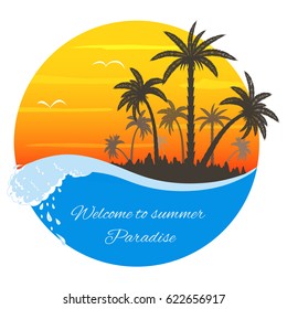 round cartoon label: palms, sunset, wave, seagull