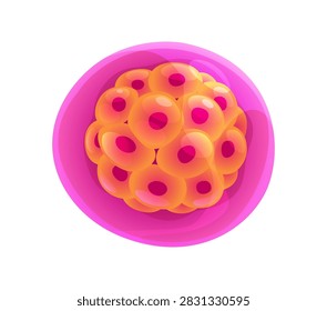 Round cartoon morula cell cluster with dense mass of glossy orange rounded cells. Vibrant protozoa with vivid crimson nucleus and soft magenta oval membrane for embryology educational posters