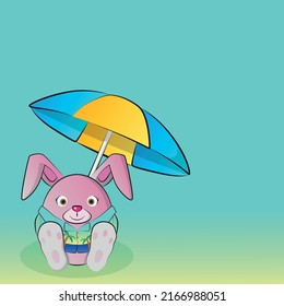 Round cartoon pink rabbit on vacation at the sea. Vector illustration.