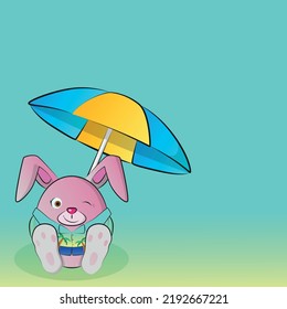 Round cartoon pink rabbit on vacation at the sea. Vector illustration.