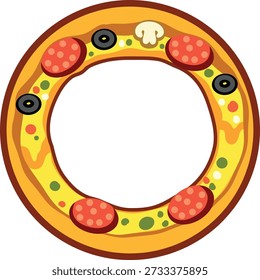 Round cartoon pizza frame with melted cheese, pepperoni, olives, and mushrooms, forming a playful food border with an empty circular center for photos or text.