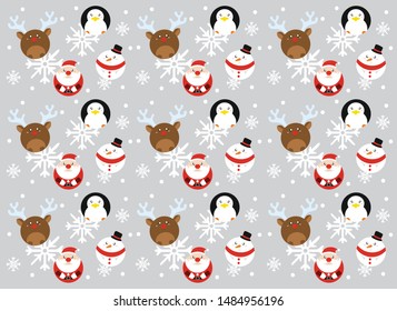 round cartoon santa claus, deer, snowman, penguin on a gray background with snowflakes, christmas pattern