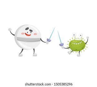 Round cartoon tablet and a microbe with swords. Vector illustration on a white background.