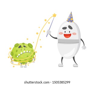 Round cartoon tablet in a wizard costume. Vector illustration on a white background.