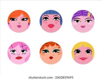 Round cartoon young female faces with various emotions and styles. Different girls teenagers characters with colorful hairstyle. Hand drawn trendy vector illustration on a white background.