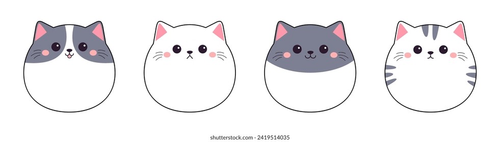 Round cat kitten, kitty icon set line. Cute face head. Different emotions, colors. Cartoon kawaii funny baby character. Contour line doodle. Paper sticker print. Flat design. White background. Vector