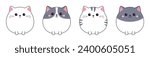 Round cat kitten, kitty with paws. Icon set line. Cute face. Different emotions, colors. Cartoon kawaii funny character. Contour line doodle. Paper sticker print. Flat design. White background. Vector