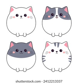 Round cat kitten, kitty with paws. Icon set. Different emotions, colors. Cute face. Cartoon kawaii funny character. Contour line doodle. Paper sticker print. Flat design. White background. Vector