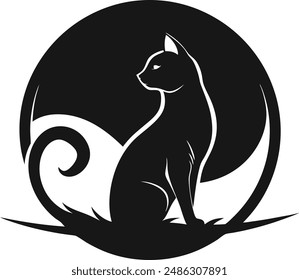 Round Cat with Moon Line Art Black Silhouette.