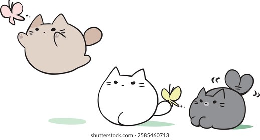 Round cats playing with butterflies