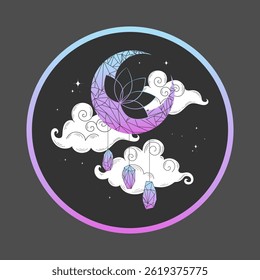 Emblema celeste redondo com lua crescente de cristal no céu escuro com nuvens. Lua crescente decorada com cristais e flor de lótus. Ilustração vetorial
