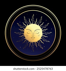 Round celestial emblem with a golden sun on blue sky background with shiny stars. Vector illustration