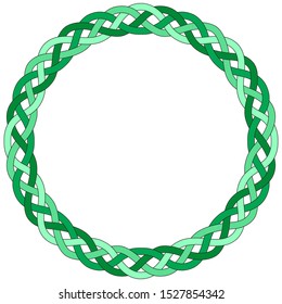 Round Celtic color frame from different light and dark green ribbons.