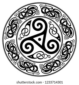 Round Celtic Design, triskele and celtic pattern, isolated on white, vector illustration