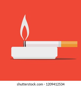 Round ceramic ashtray with cigarette. Stock flat vector illustration.