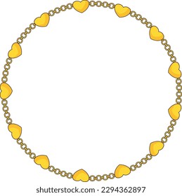 Round Chain frame. Circle chains border. Boho bracelet with pendants, rope, bow. Vintage flat cartoon vector illustration isolated on white background.