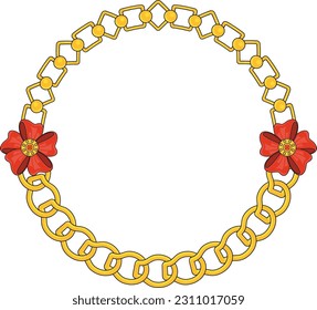 Round Chain frame. Circle chains border. Boho bracelet with pendants, rope, bow. Vintage flat cartoon vector illustration isolated on white background.