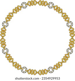Round Chain frame. Circle chains border. Boho bracelet with pendants, rope, bow. Vintage flat cartoon vector illustration isolated on white background.