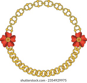 Round Chain frame. Circle chains border. Boho bracelet with pendants, rope, bow. Vintage flat cartoon vector illustration isolated on white background.