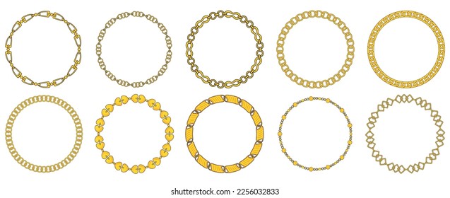 Round Chains frame set. Circle chains border. Boho bracelet with pendants, rope, bow. Vintage flat cartoon vector illustration isolated on white background.