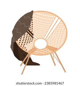 Round chair vector illustration. Cartoon isolated rattan comfort armchair for sitting with plaid, modern wicker furniture and home interior decor, outdoor couch for garden, terrace and backyard