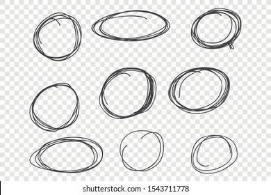 Round chaotic scribble frames set. Empty thin line borders, decorative geometric shapes pack. Ink pen circles and ovals isolated on transparent background. Childish freehand drawings with copyspace