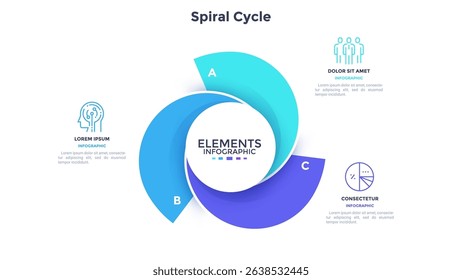 Round chart with 3 colorful spiral elements. Concept of three services provided by company. Flat infographic design template. Modern vector illustration for business information visualization, report.